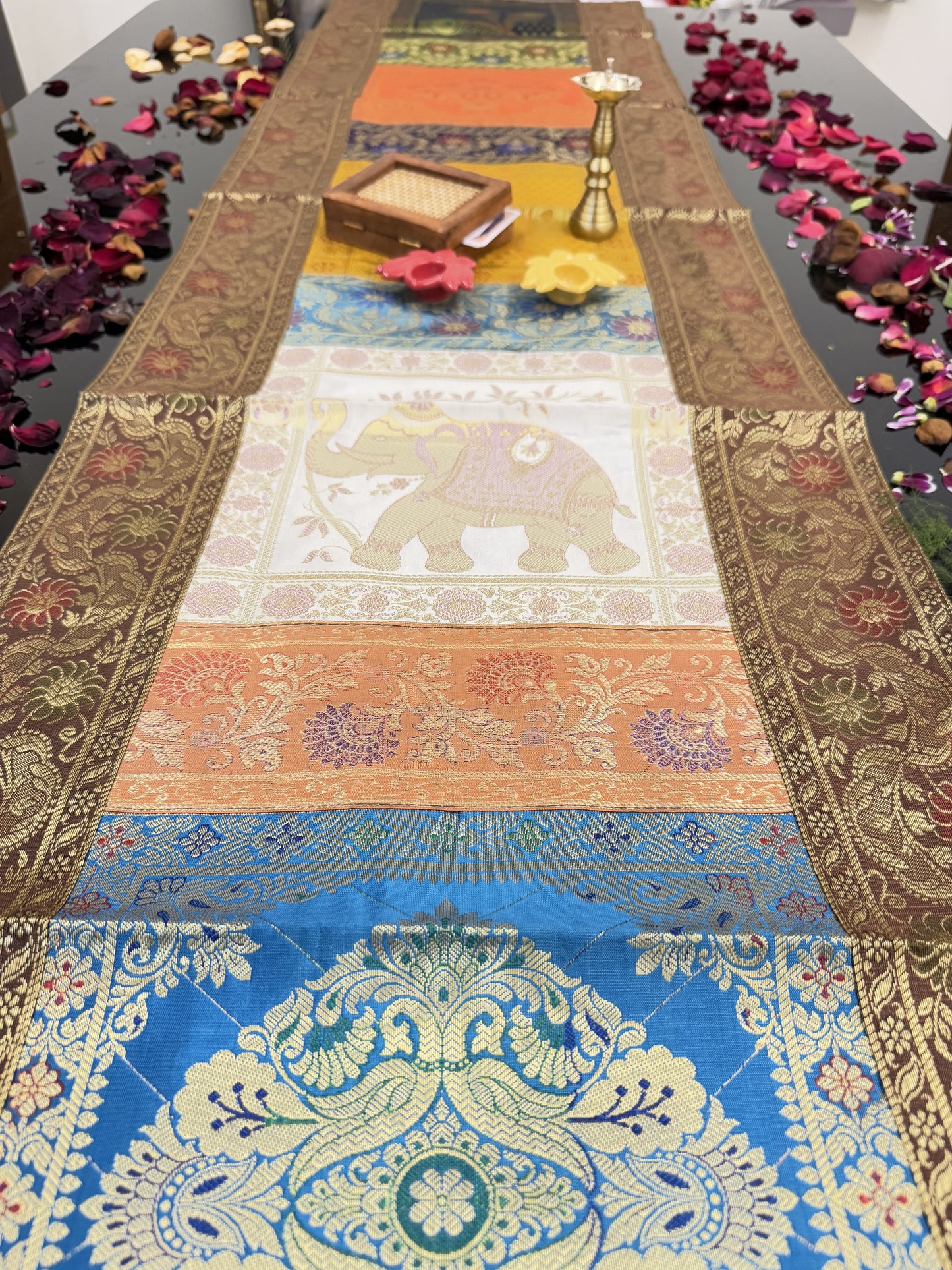 Brown Banarasi Silk Patchwork Table Runner – Elegant Brocade & Art Silk Table Décor for Luxurious Interiors
