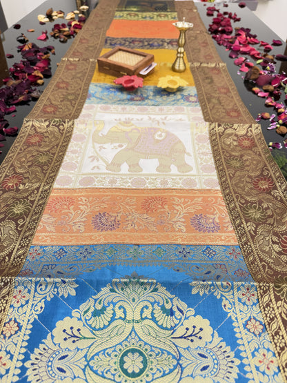 Brown Banarasi Silk Patchwork Table Runner – Elegant Brocade & Art Silk Table Décor for Luxurious Interiors