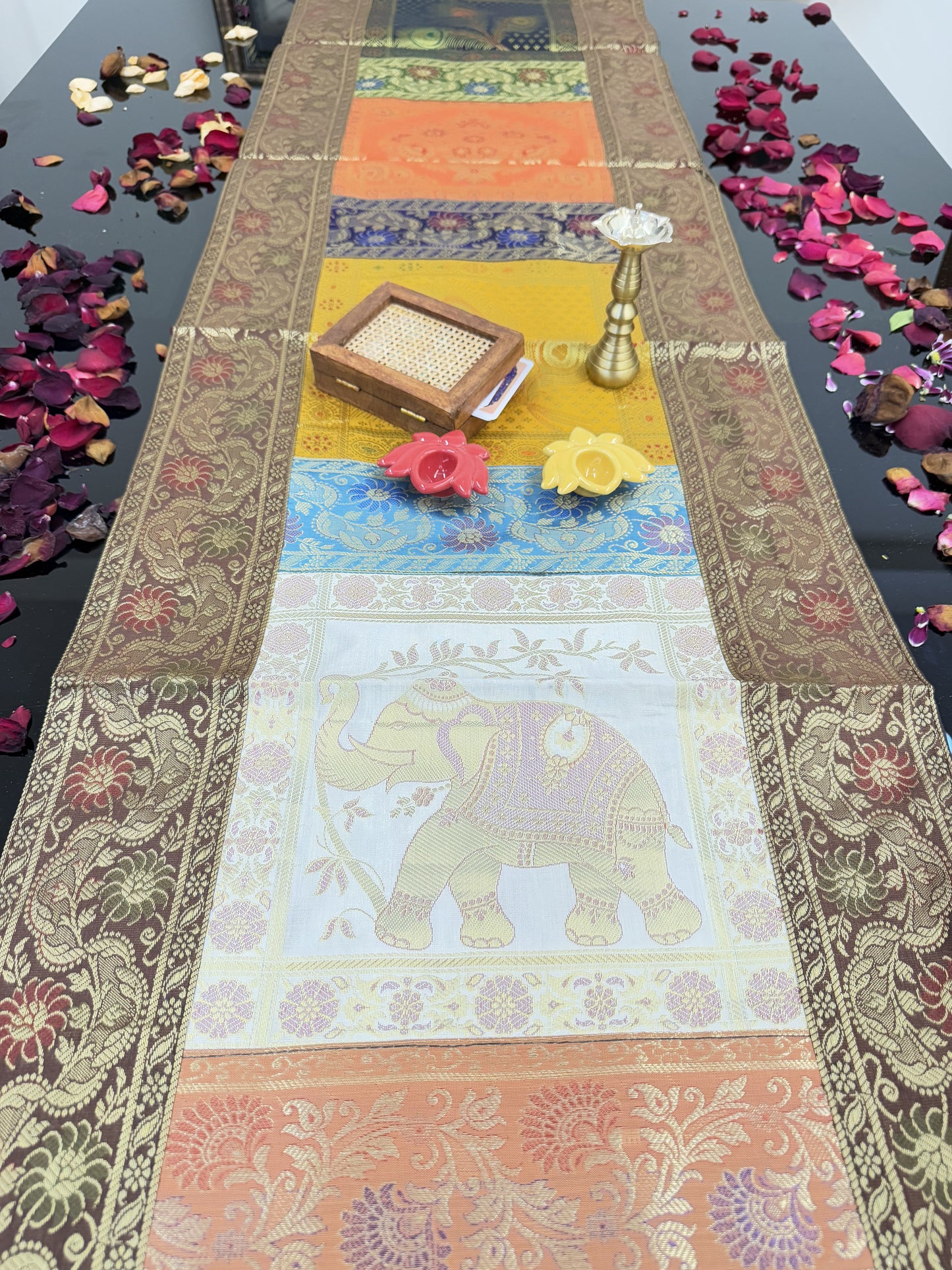 Brown Banarasi Silk Patchwork Table Runner – Elegant Brocade & Art Silk Table Décor for Luxurious Interiors