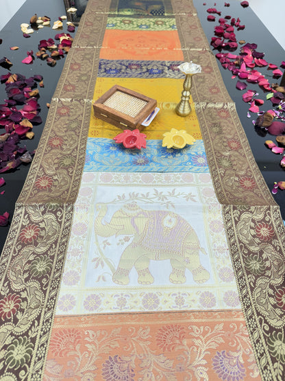 Brown Banarasi Silk Patchwork Table Runner – Elegant Brocade & Art Silk Table Décor for Luxurious Interiors