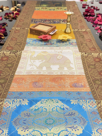 Brown Banarasi Silk Patchwork Table Runner – Elegant Brocade & Art Silk Table Décor for Luxurious Interiors