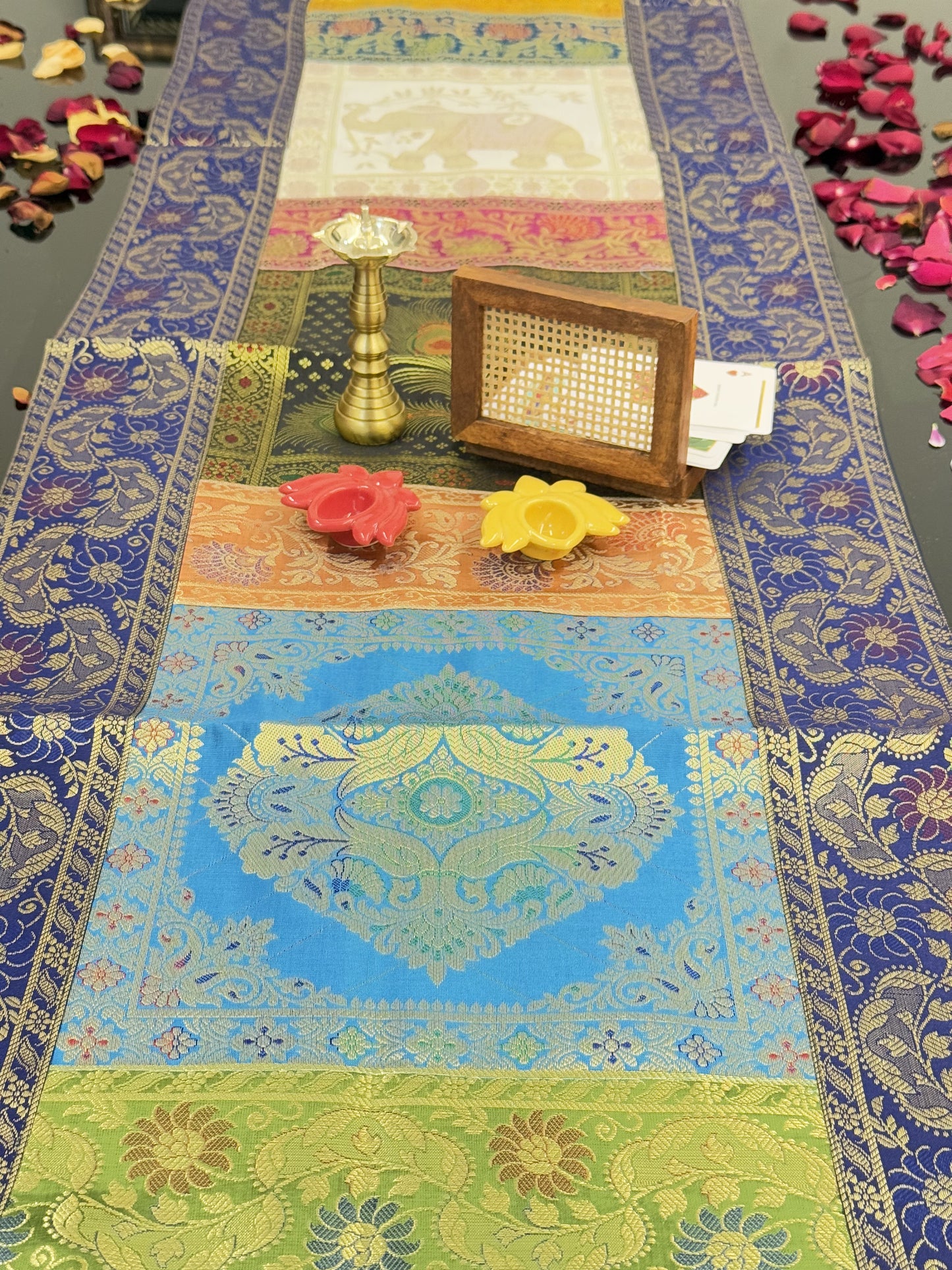 Blue Banarasi Silk Patchwork Table Runner – Luxurious Brocade & Art Silk Table Décor for Elegant Interiors