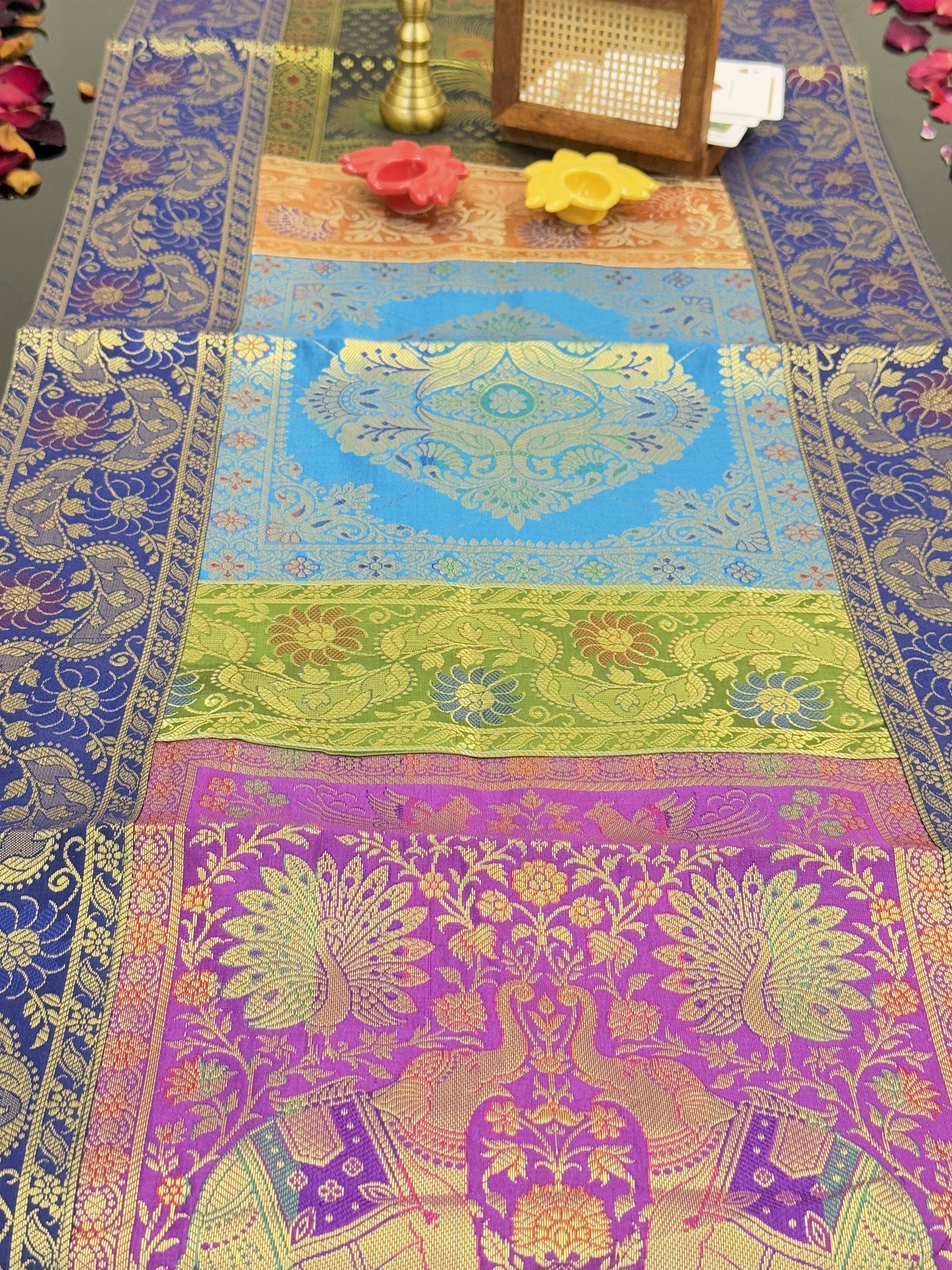 Blue Banarasi Silk Patchwork Table Runner – Luxurious Brocade & Art Silk Table Décor for Elegant Interiors