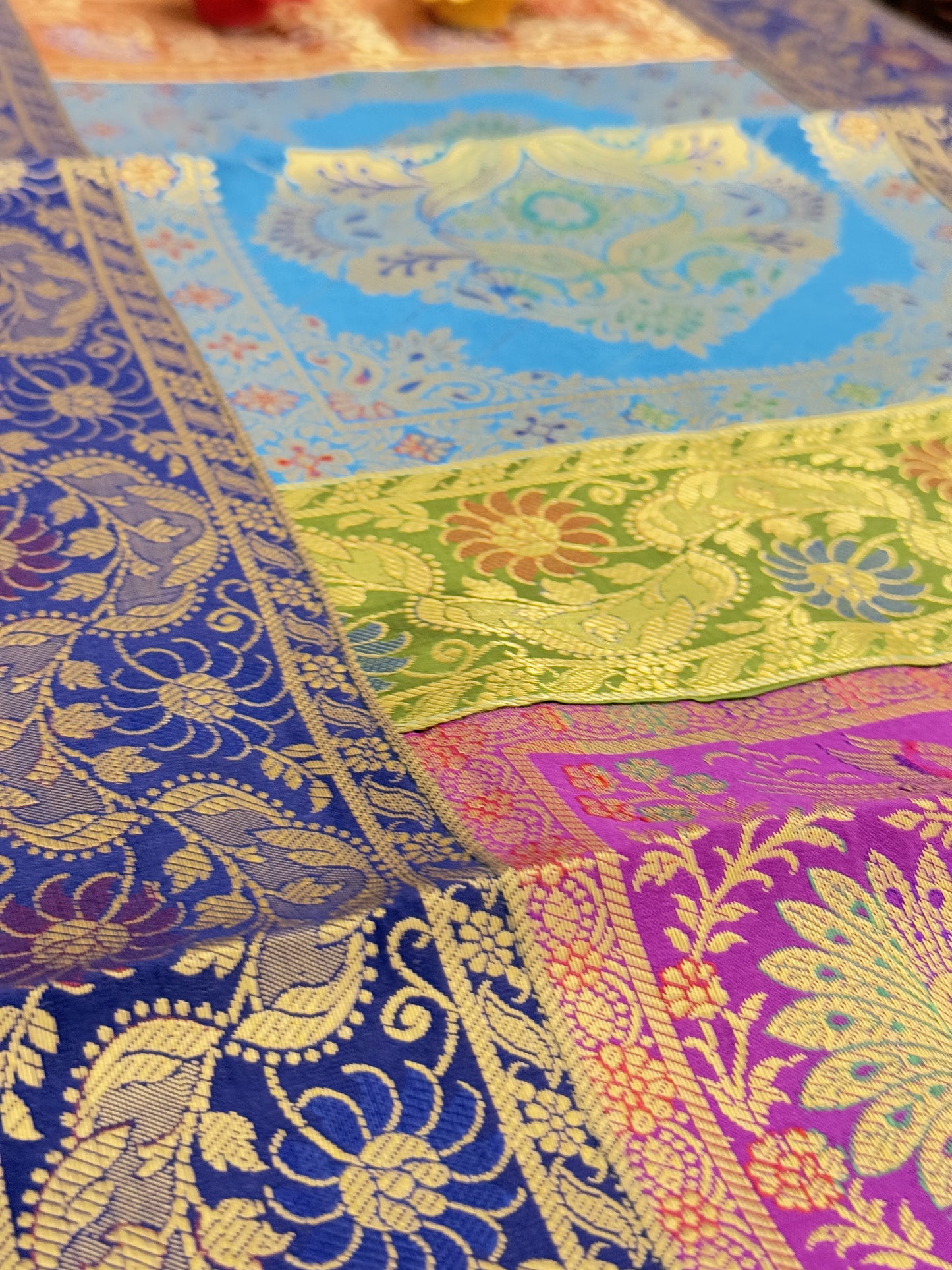 Blue Banarasi Silk Patchwork Table Runner – Luxurious Brocade & Art Silk Table Décor for Elegant Interiors