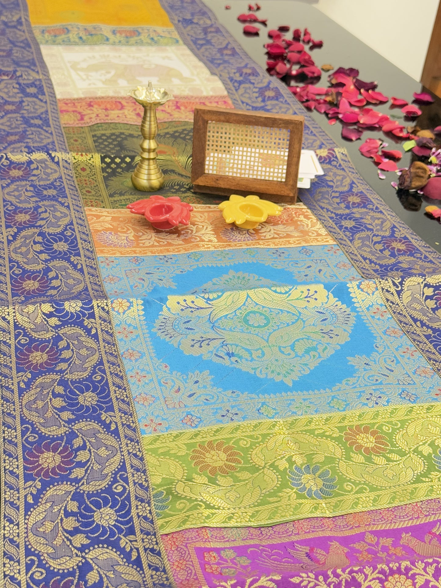 Blue Banarasi Silk Patchwork Table Runner – Luxurious Brocade & Art Silk Table Décor for Elegant Interiors