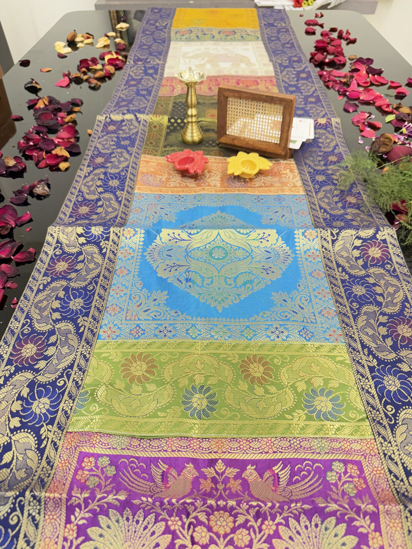 Blue Banarasi Silk Patchwork Table Runner – Luxurious Brocade & Art Silk Table Décor for Elegant Interiors