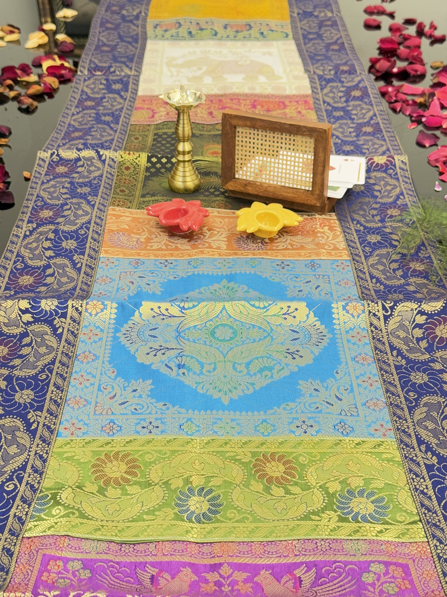 Blue Banarasi Silk Patchwork Table Runner – Luxurious Brocade & Art Silk Table Décor for Elegant Interiors
