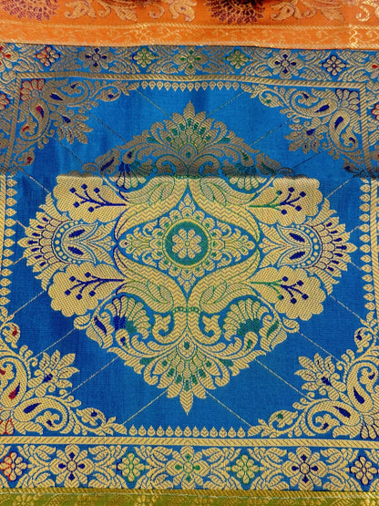Blue Banarasi Silk Patchwork Table Runner – Luxurious Brocade & Art Silk Table Décor for Elegant Interiors