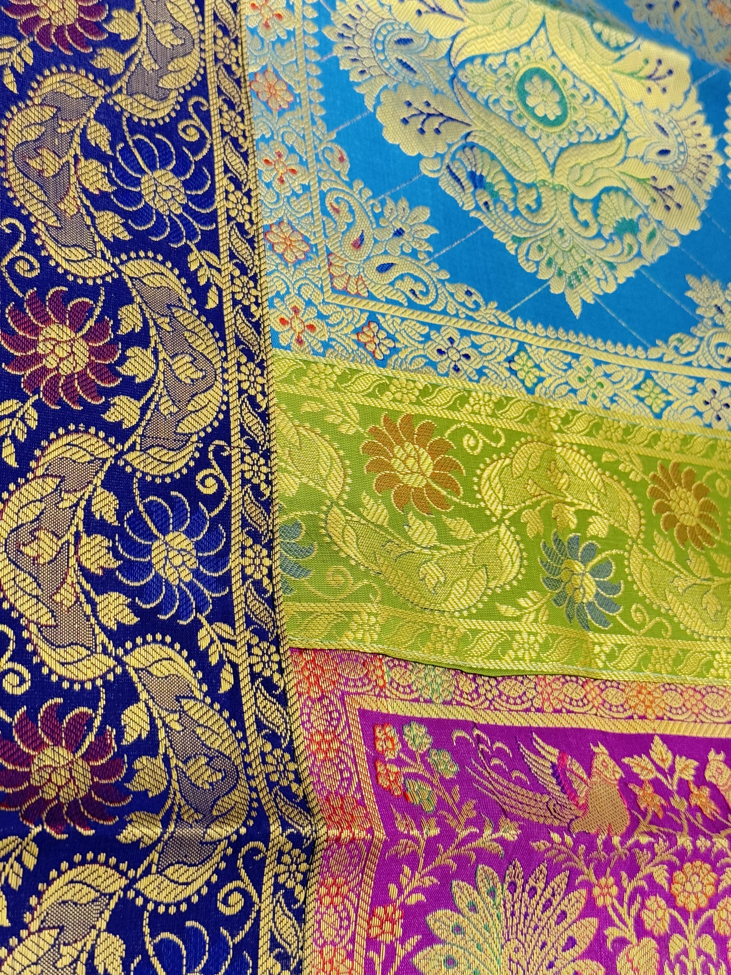 Blue Banarasi Silk Patchwork Table Runner – Luxurious Brocade & Art Silk Table Décor for Elegant Interiors