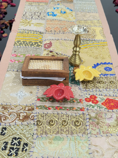 Beige Kambadiya Patchwork Rajasthani Table Runner