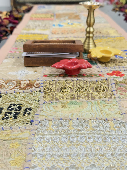 Beige Kambadiya Patchwork Rajasthani Table Runner