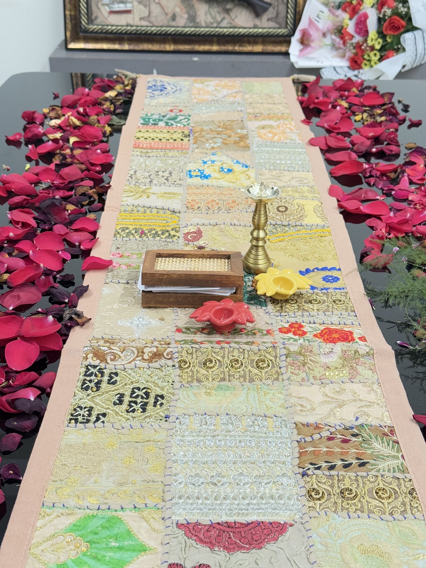 Beige Kambadiya Patchwork Rajasthani Table Runner