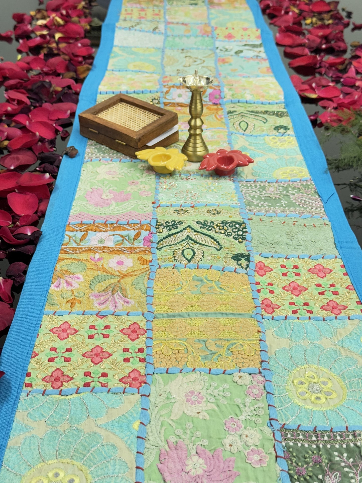 Light Blue Kambadiya Patchwork Table Runner