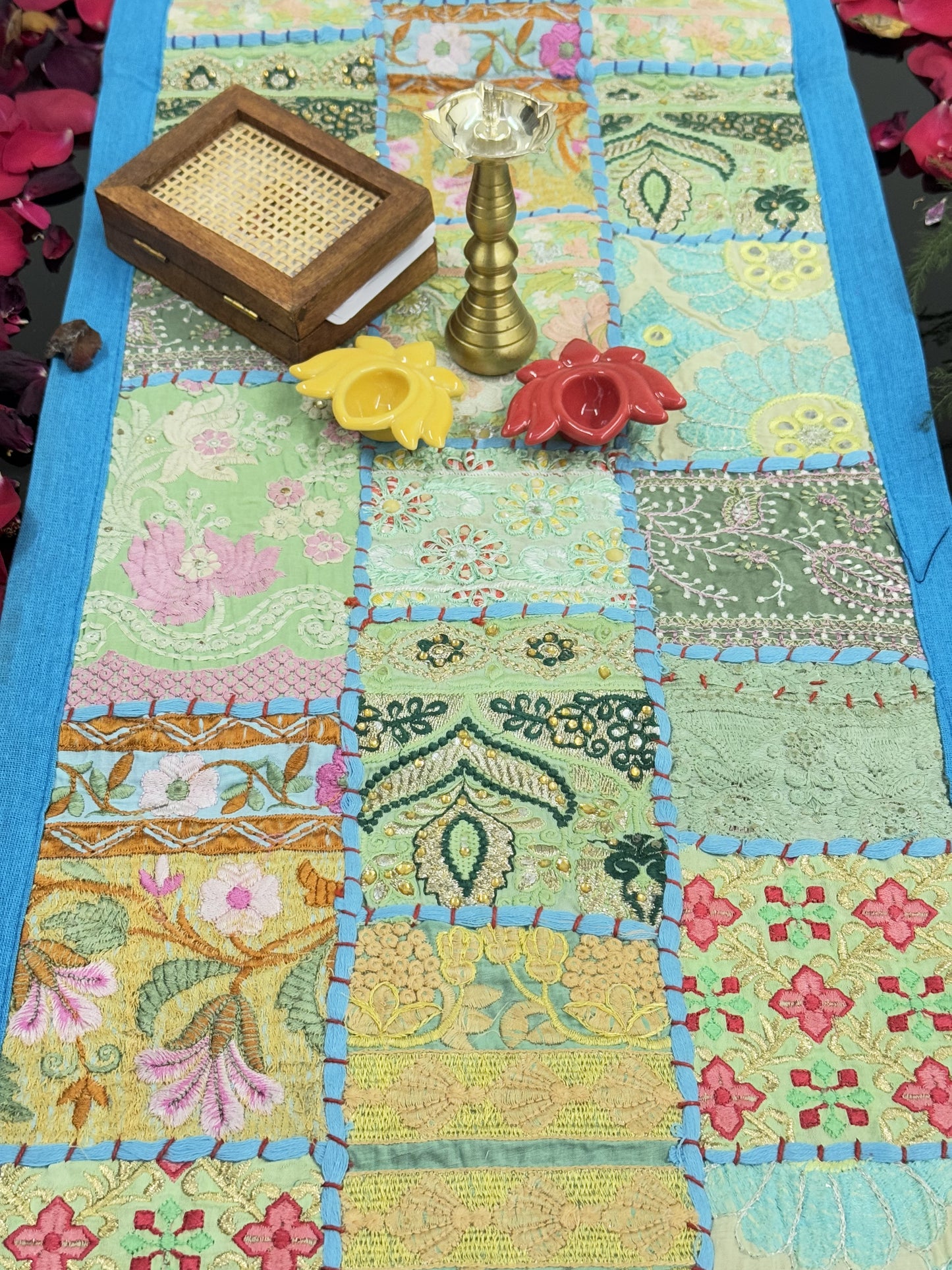 Light Blue Kambadiya Patchwork Table Runner