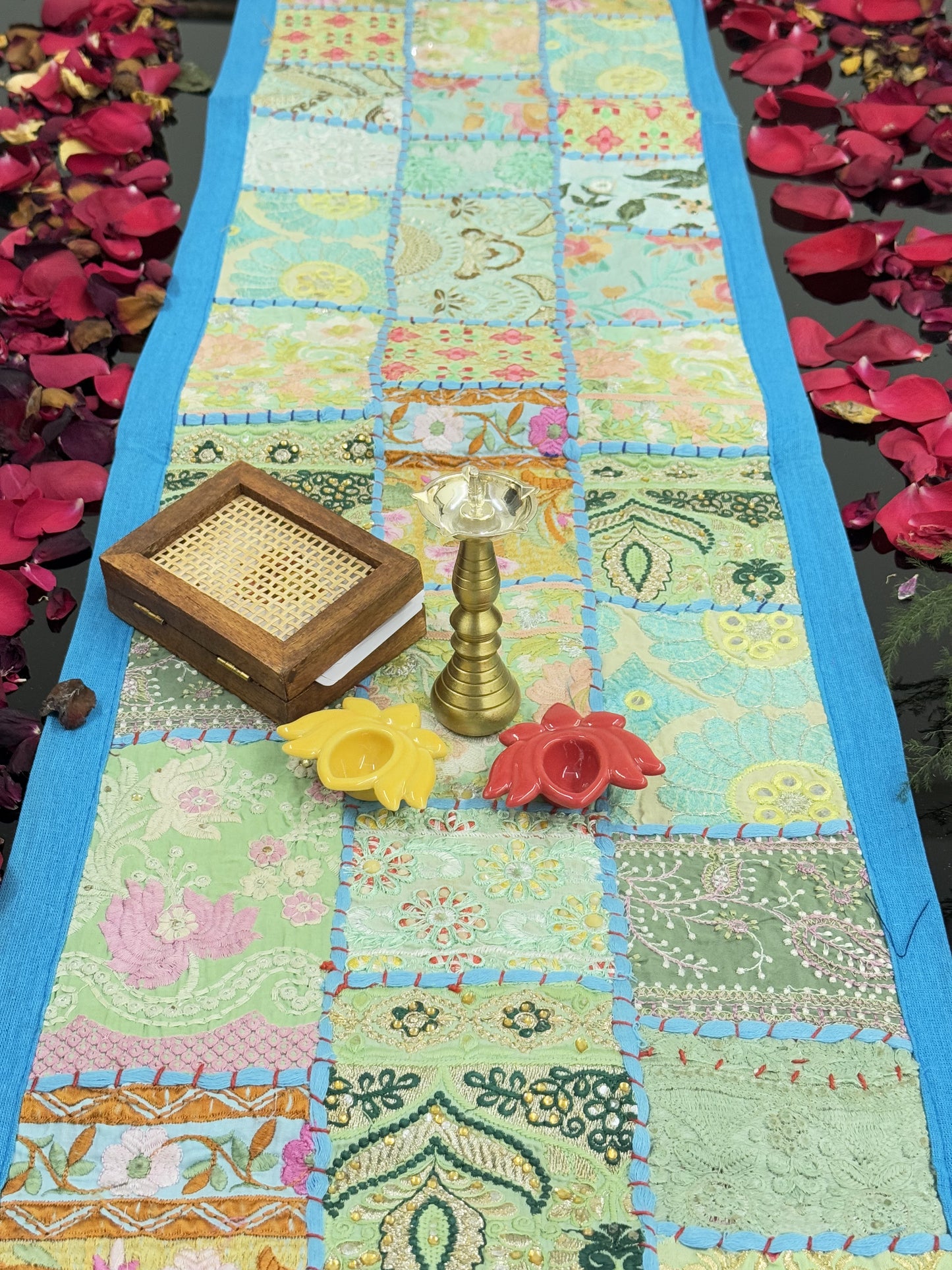 Light Blue Kambadiya Patchwork Table Runner