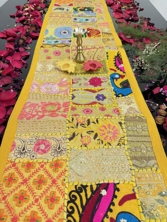 Yellow Kambadiya Patchwork Rajasthani Table Runner