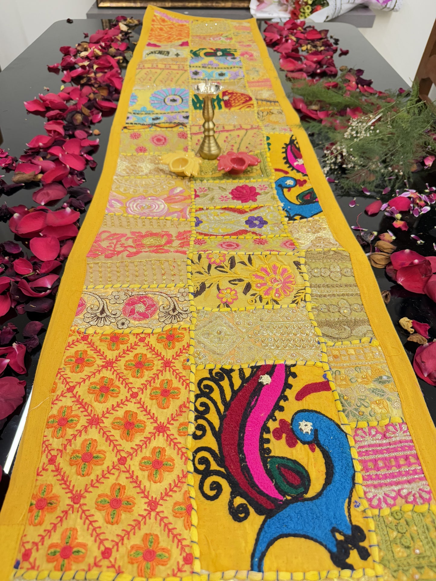 Yellow Kambadiya Patchwork Rajasthani Table Runner