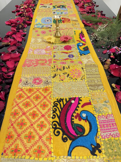 Yellow Kambadiya Patchwork Rajasthani Table Runner