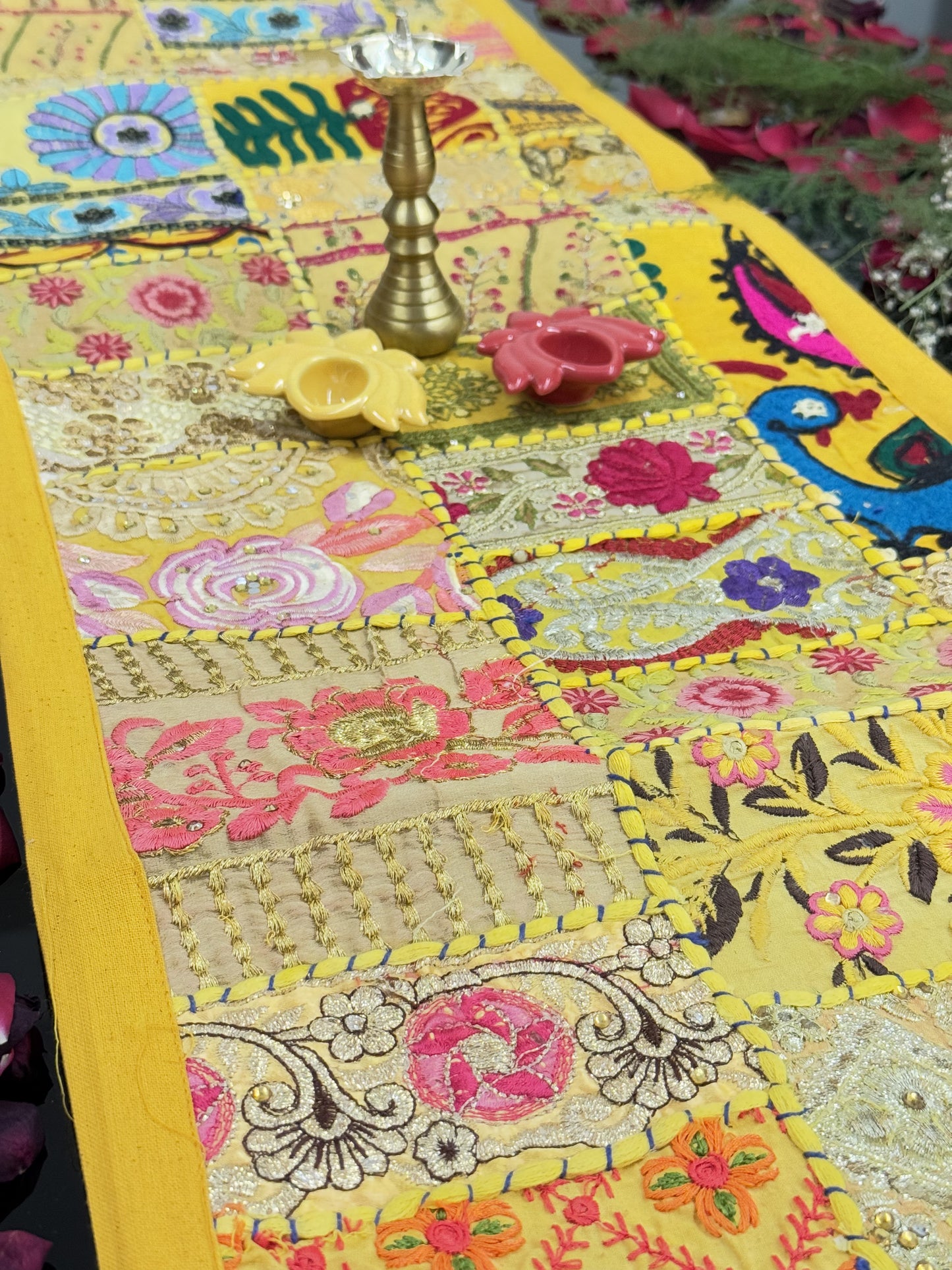 Yellow Kambadiya Patchwork Rajasthani Table Runner