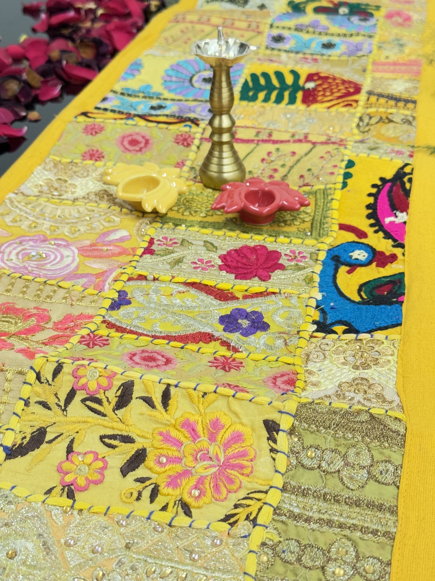 Yellow Kambadiya Patchwork Rajasthani Table Runner
