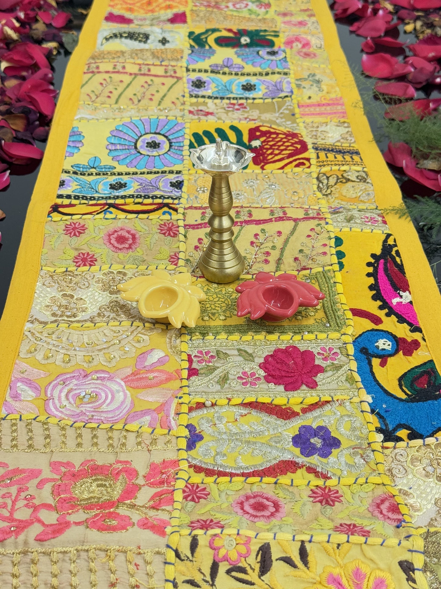 Yellow Kambadiya Patchwork Rajasthani Table Runner