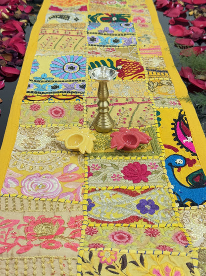 Yellow Kambadiya Patchwork Rajasthani Table Runner