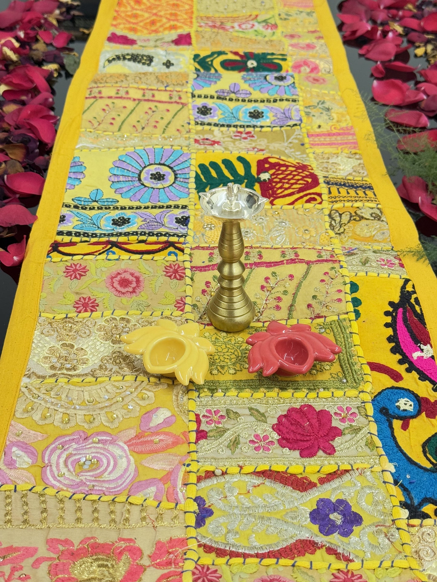 Yellow Kambadiya Patchwork Rajasthani Table Runner