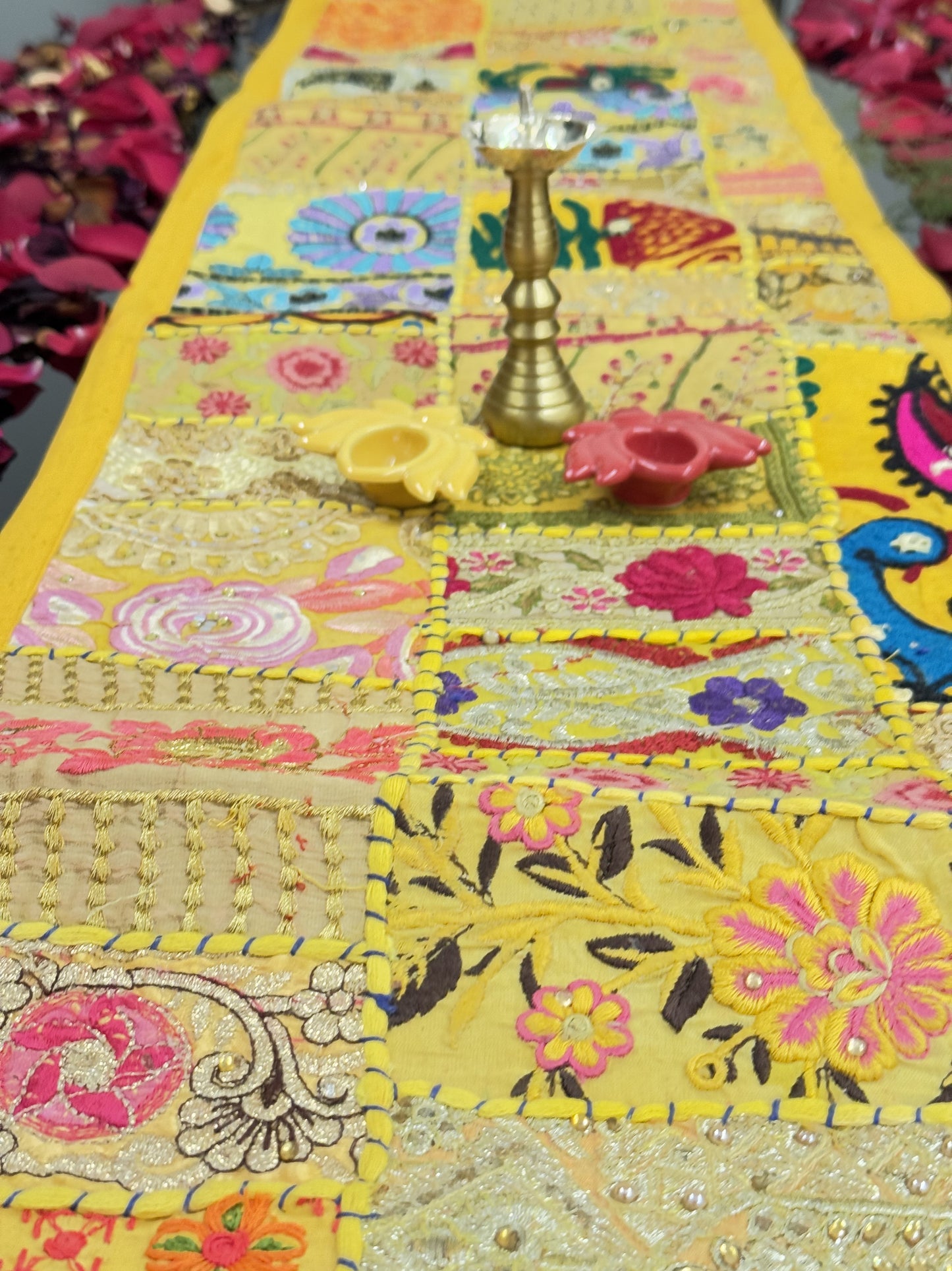 Yellow Kambadiya Patchwork Rajasthani Table Runner