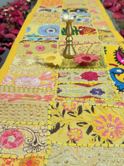 Yellow Kambadiya Patchwork Rajasthani Table Runner