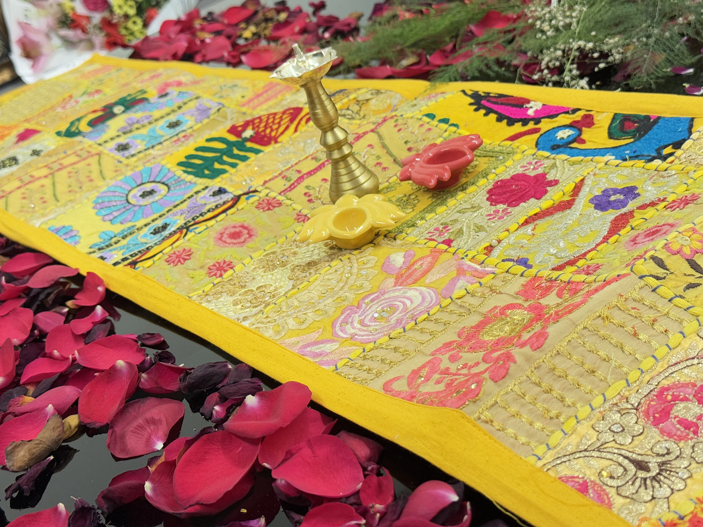 Yellow Kambadiya Patchwork Rajasthani Table Runner