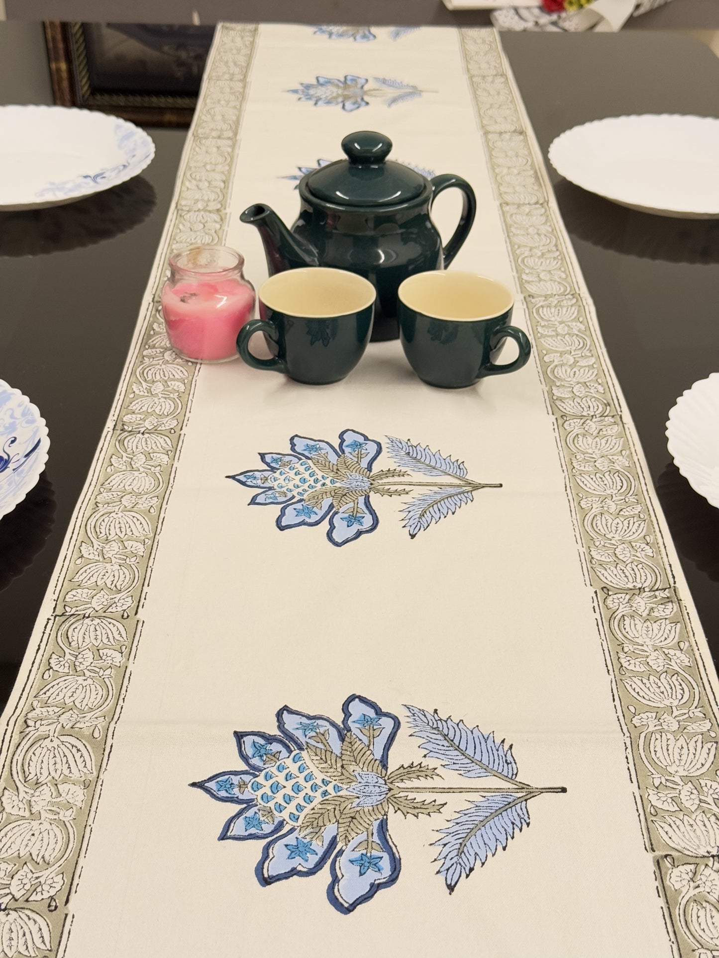 Blue Flower Pure Cotton Rajasthani Handblock  Table Runner