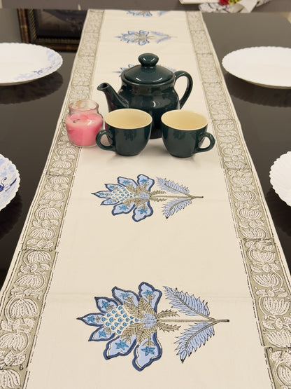 Blue Flower Pure Cotton Rajasthani Handblock  Table Runner