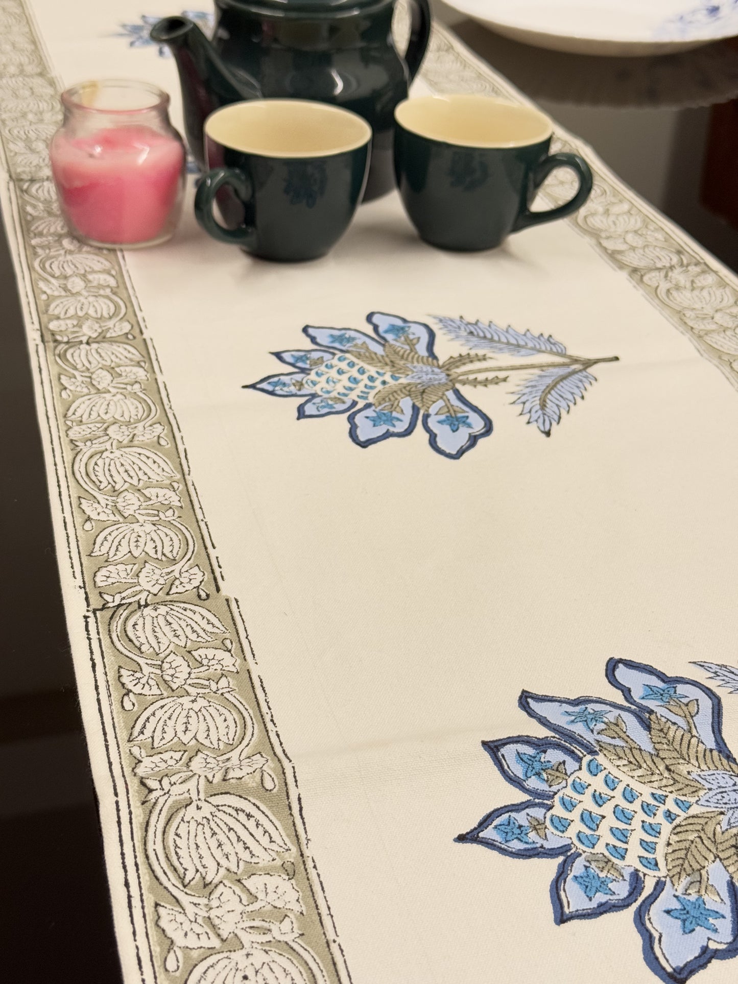 Blue Flower Pure Cotton Rajasthani Handblock  Table Runner