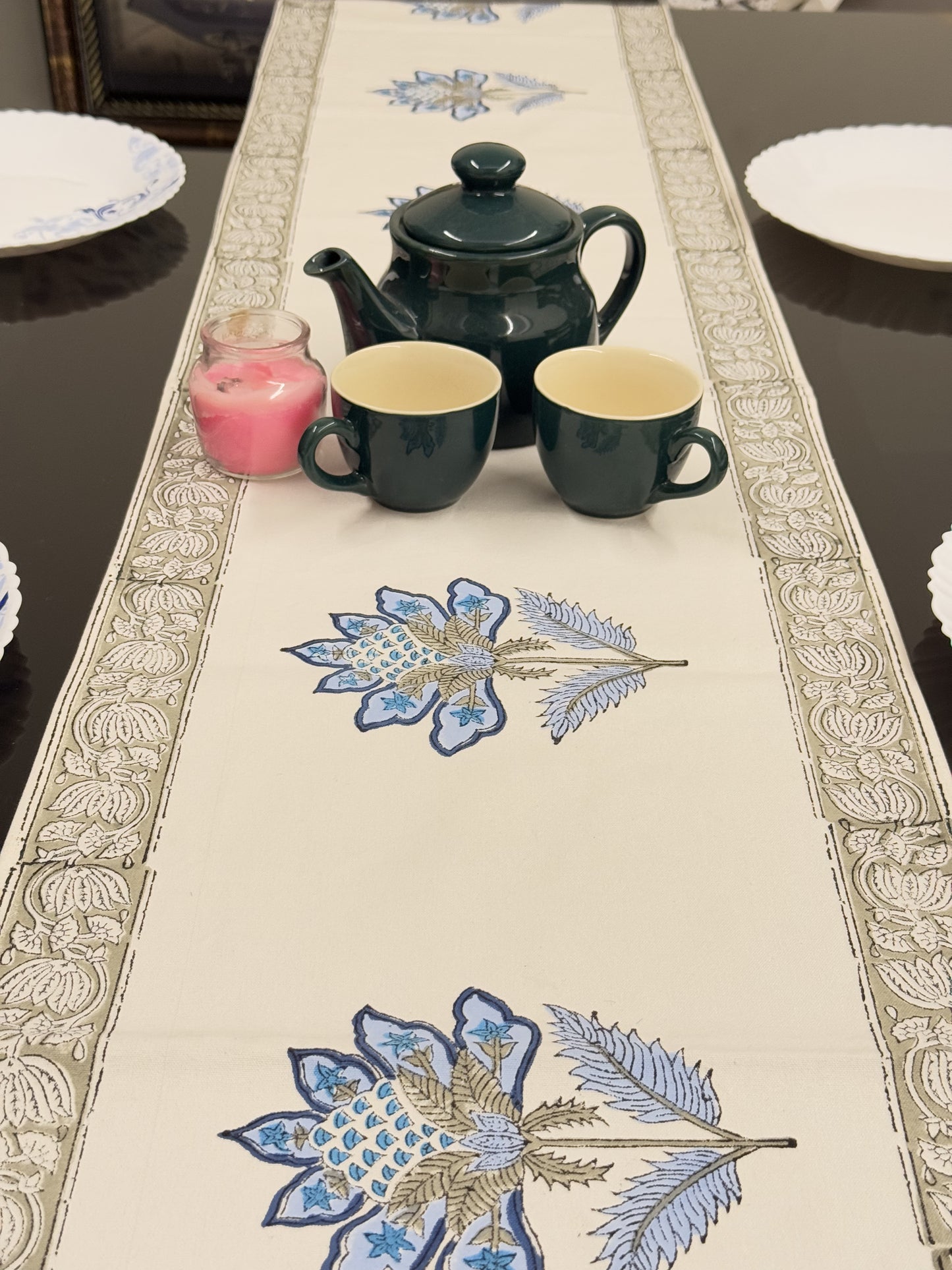 Blue Flower Pure Cotton Rajasthani Handblock  Table Runner