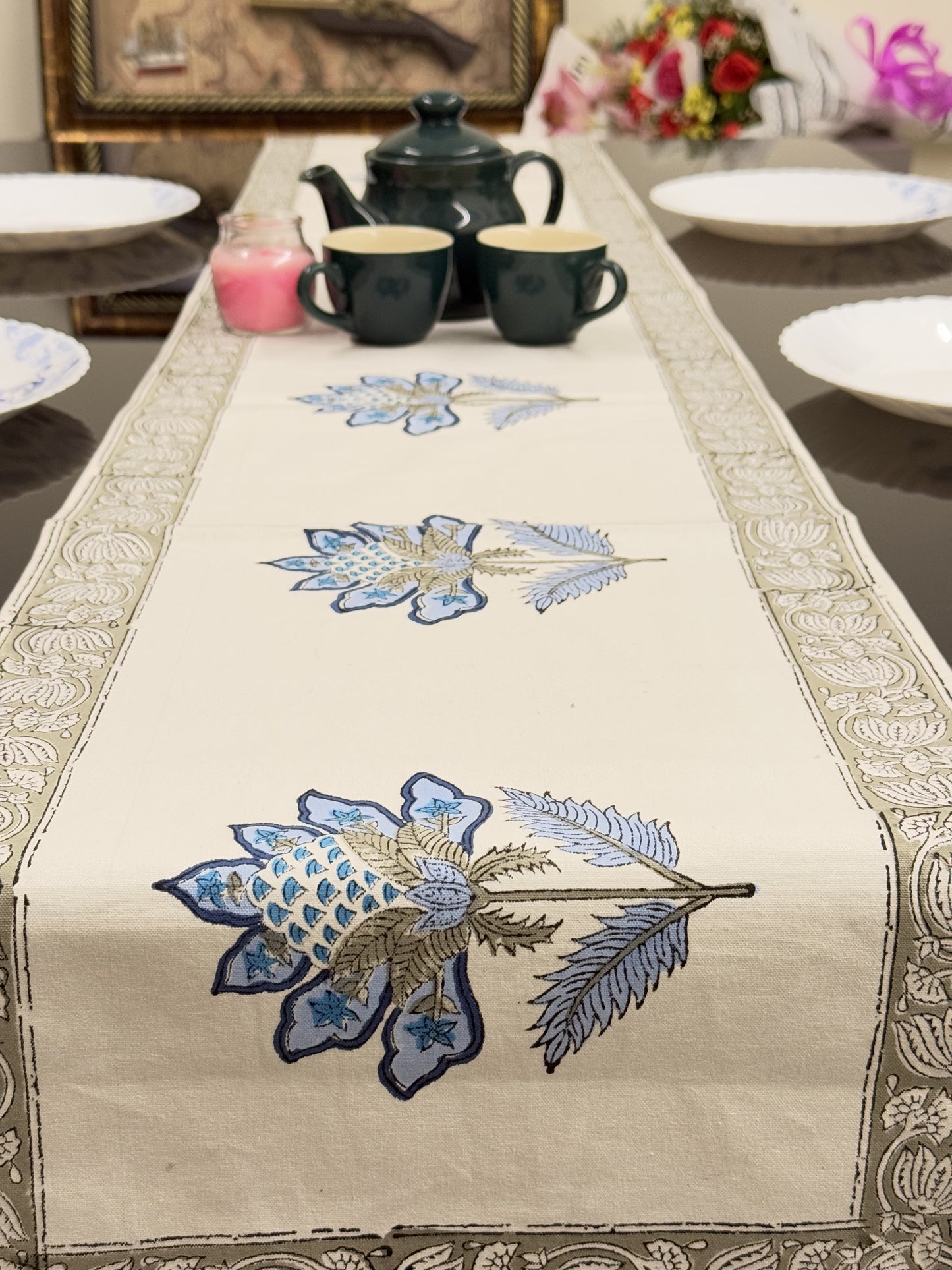 Blue Flower Pure Cotton Rajasthani Handblock  Table Runner