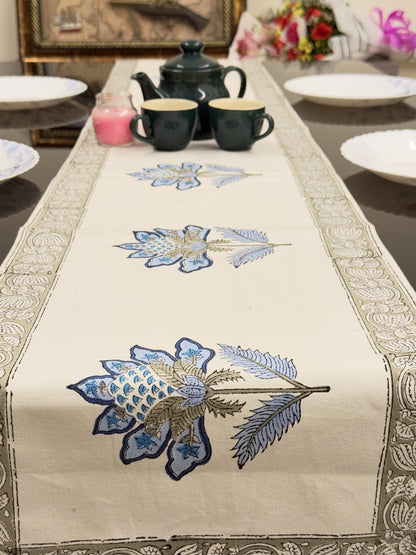 Blue Flower Pure Cotton Rajasthani Handblock  Table Runner
