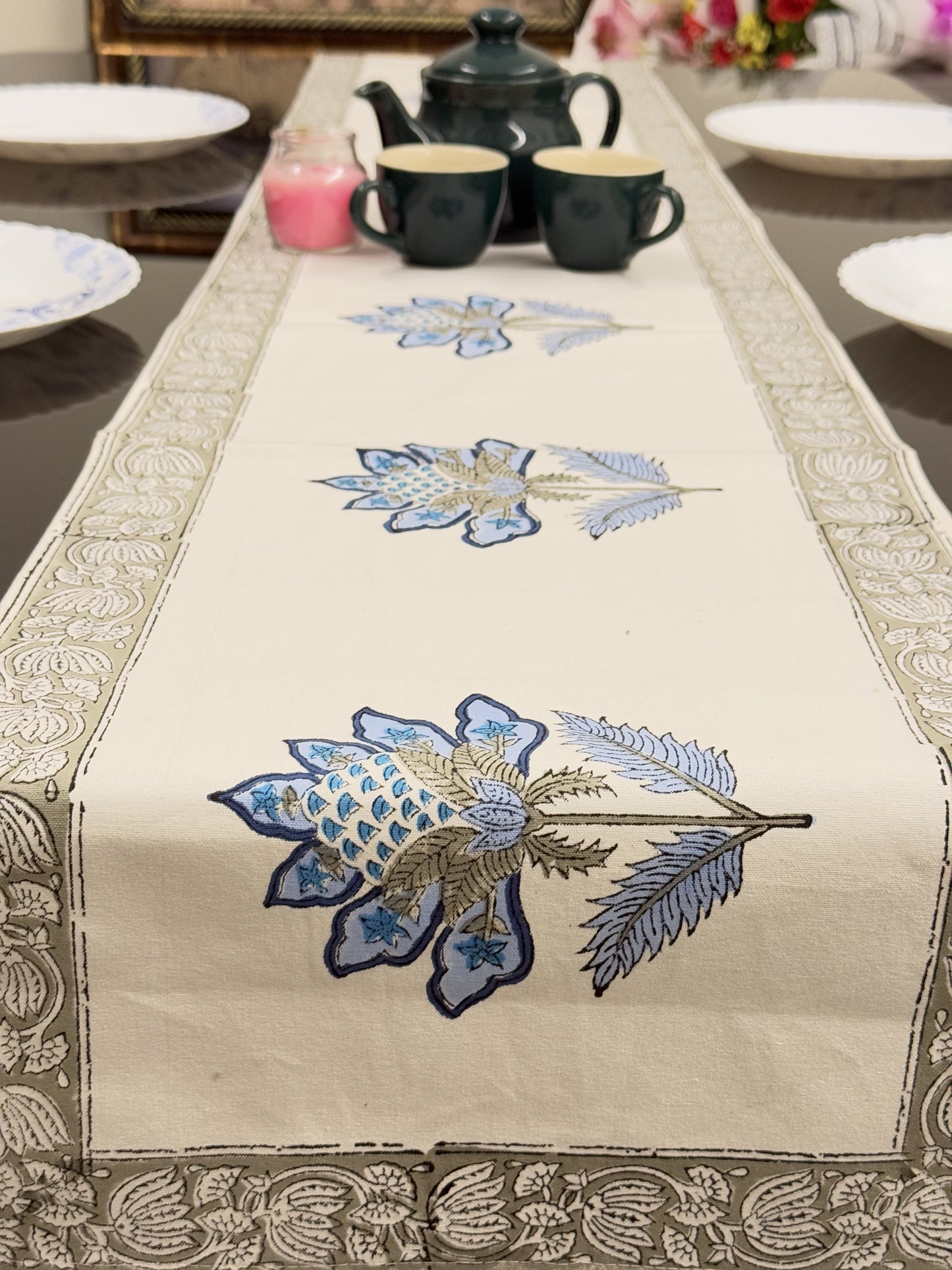 Blue Flower Pure Cotton Rajasthani Handblock  Table Runner