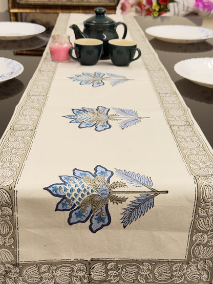 Blue Flower Pure Cotton Rajasthani Handblock  Table Runner