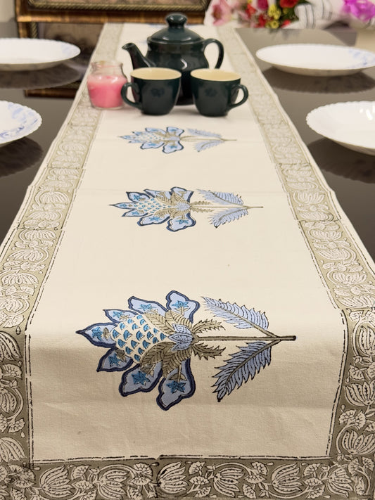 Blue Flower Pure Cotton Rajasthani Handblock  Table Runner