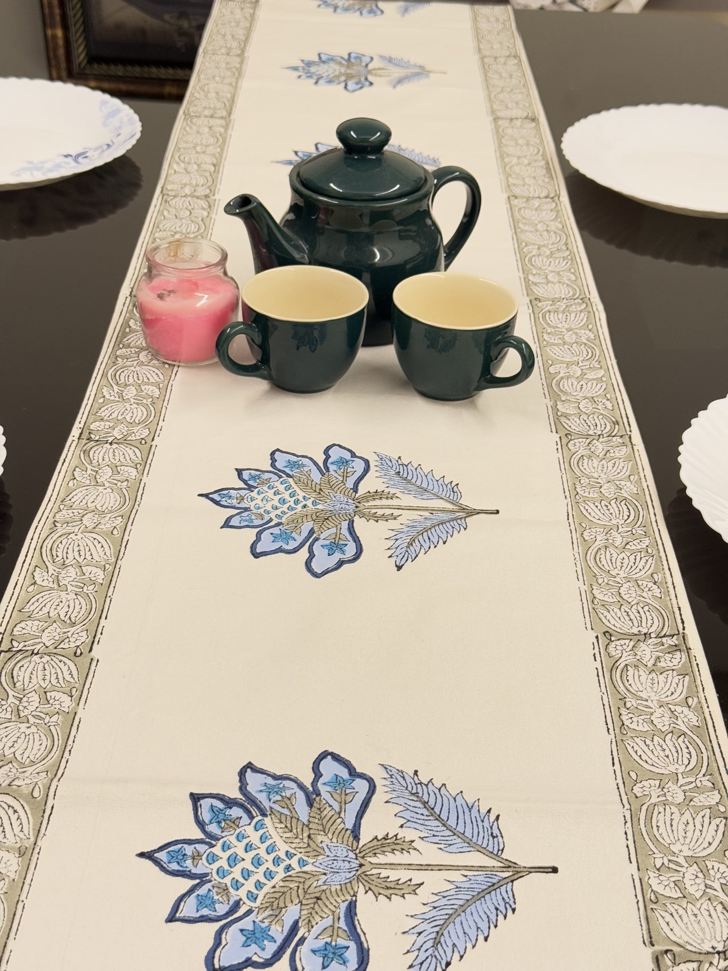 Blue Flower Pure Cotton Rajasthani Handblock  Table Runner