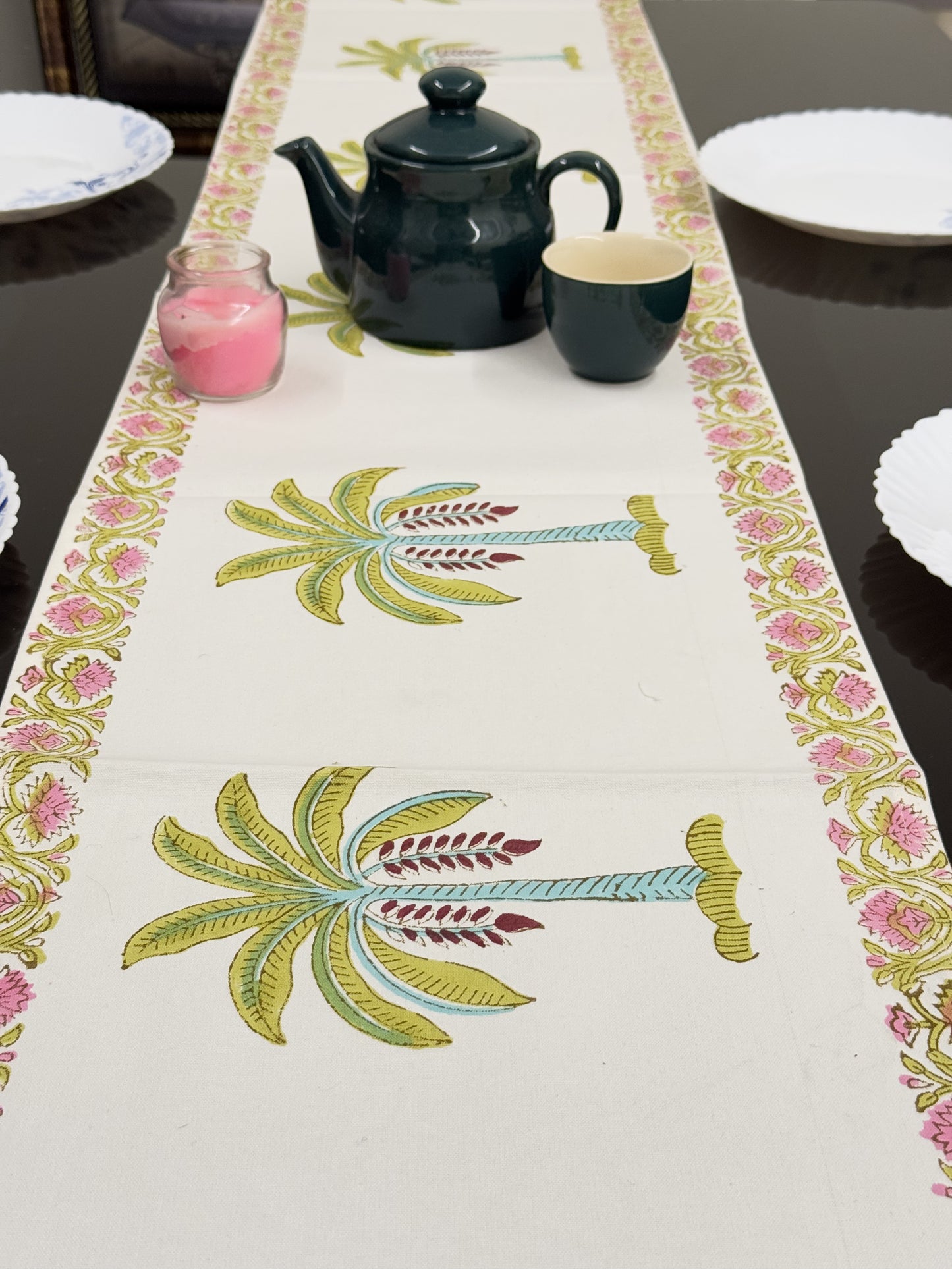 Green Palm Tree Cotton Rajasthani Handblock Table Runner