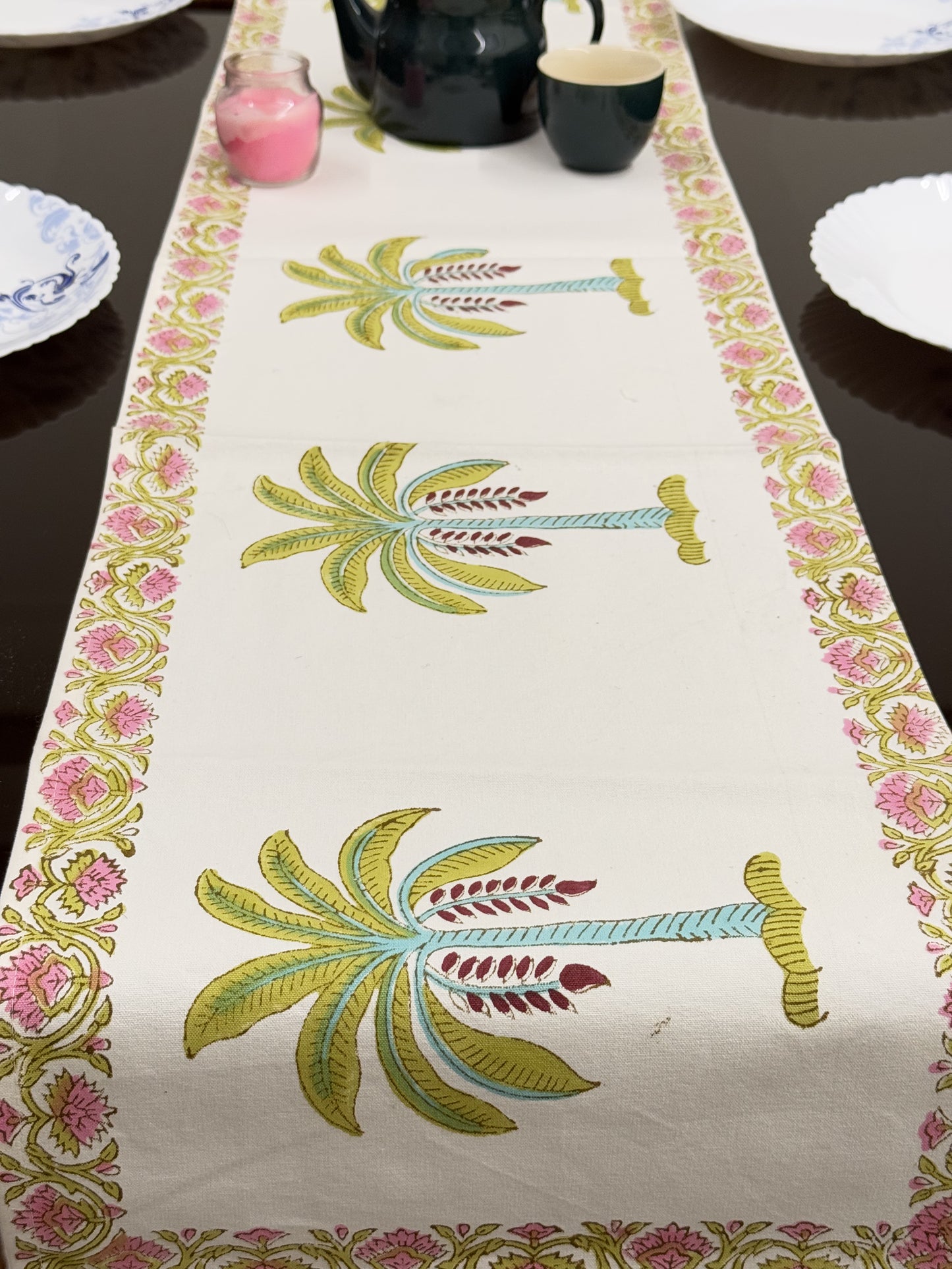 Green Palm Tree Cotton Rajasthani Handblock Table Runner