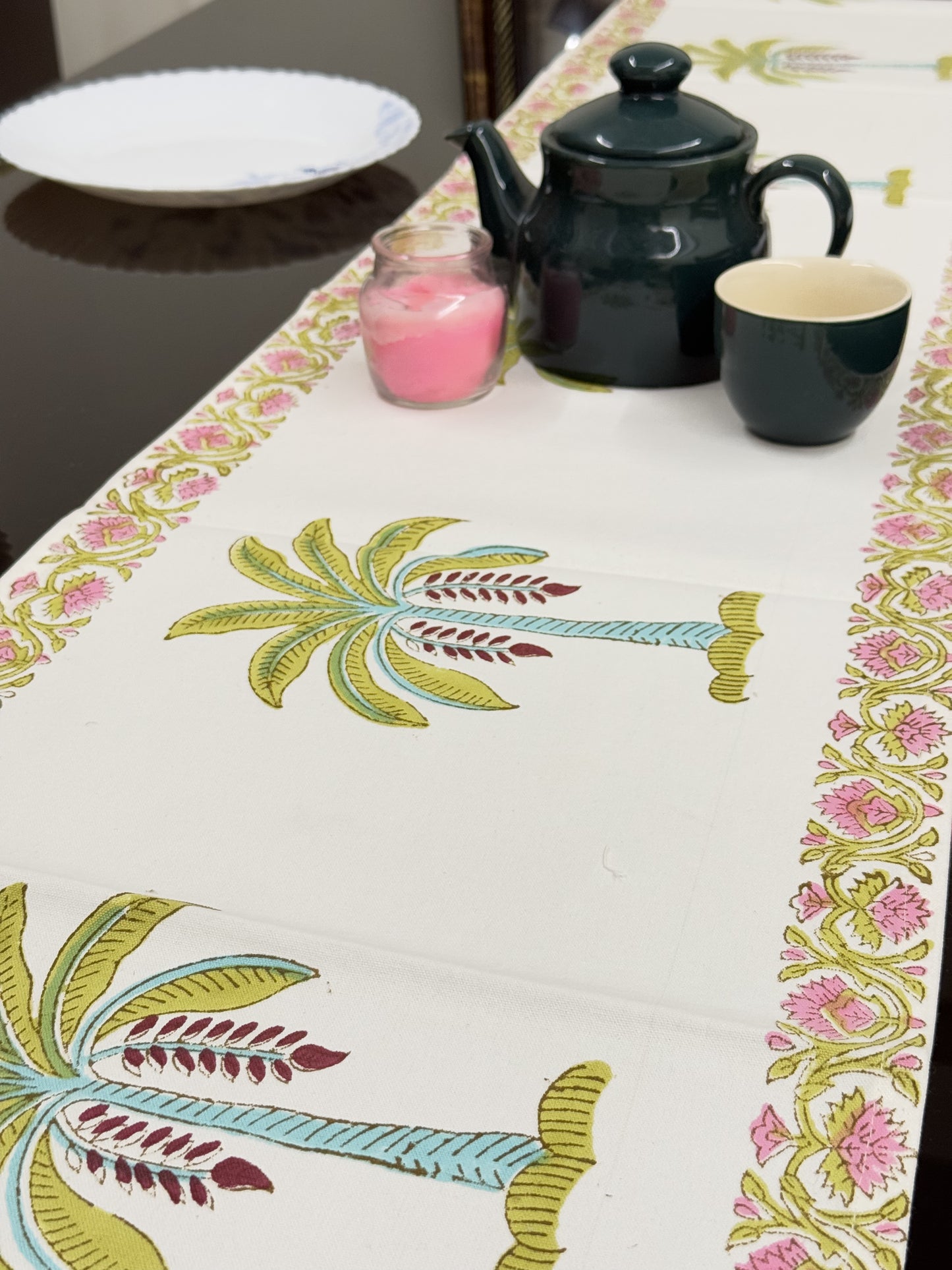 Green Palm Tree Cotton Rajasthani Handblock Table Runner