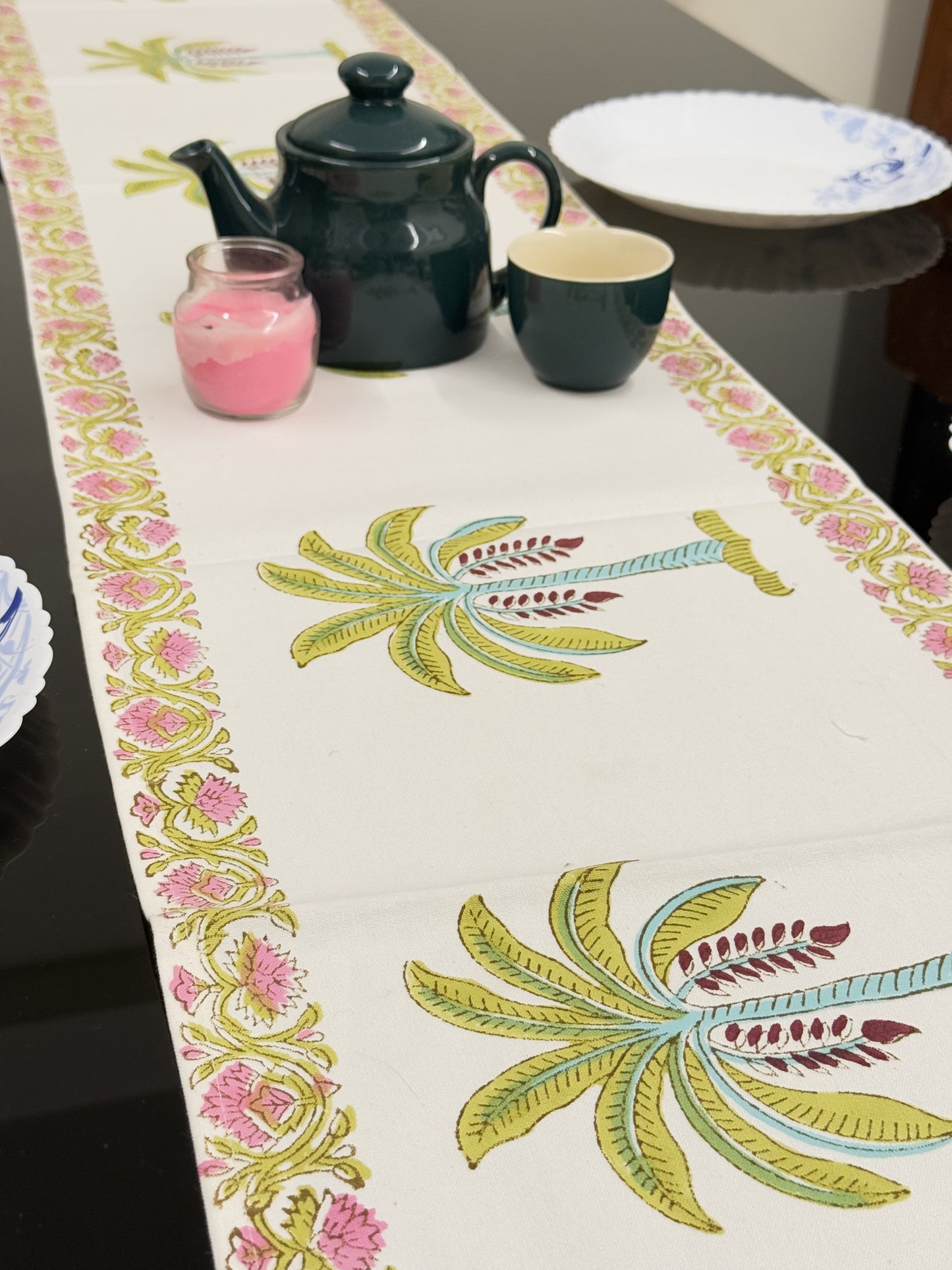 Green Palm Tree Cotton Rajasthani Handblock Table Runner