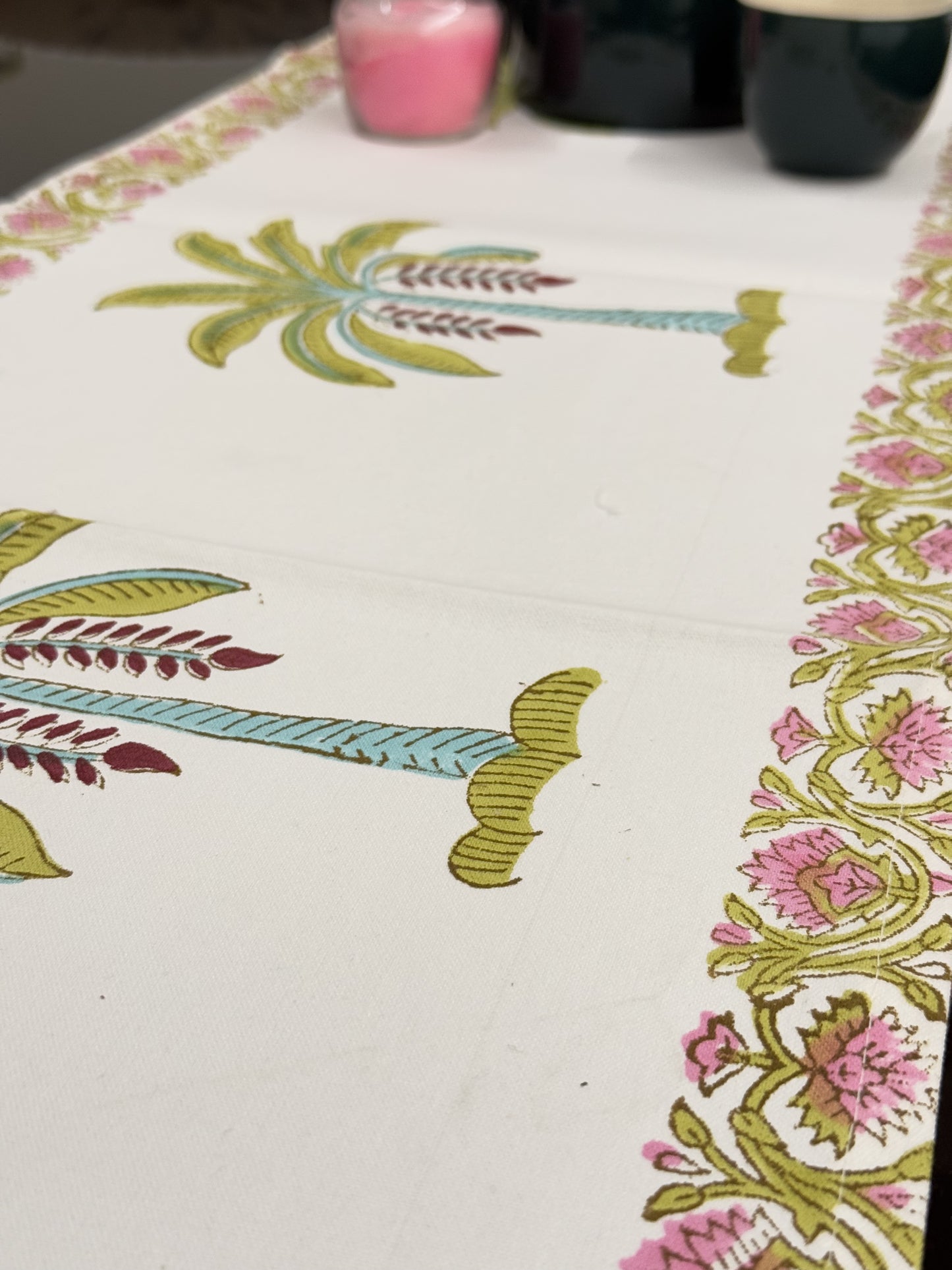 Green Palm Tree Cotton Rajasthani Handblock Table Runner