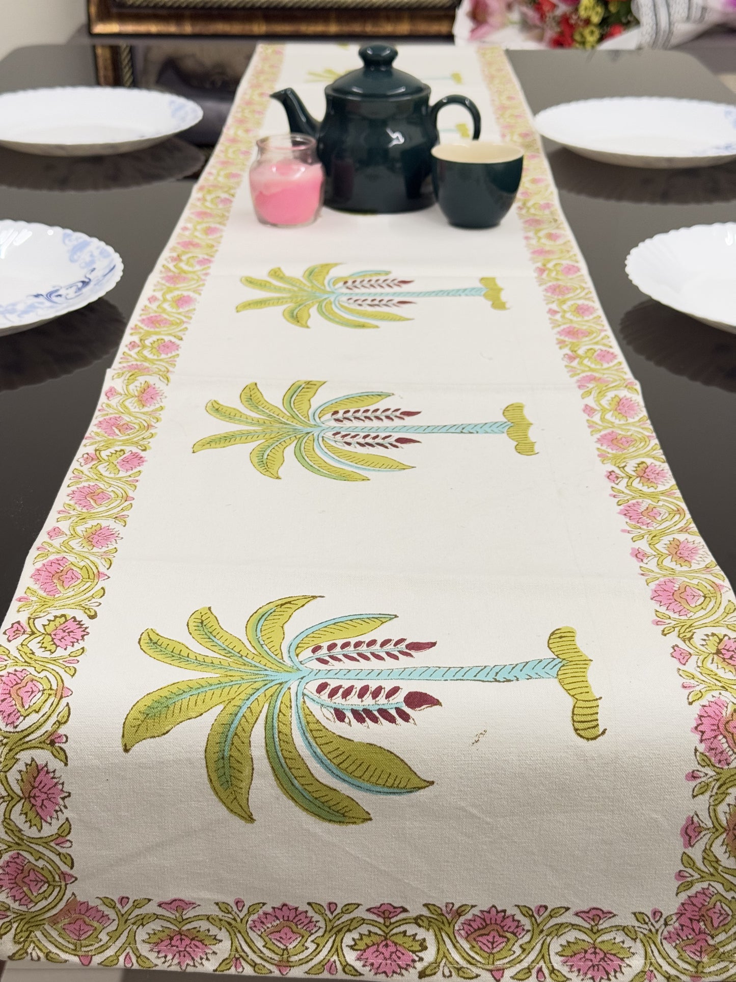 Green Palm Tree Cotton Rajasthani Handblock Table Runner