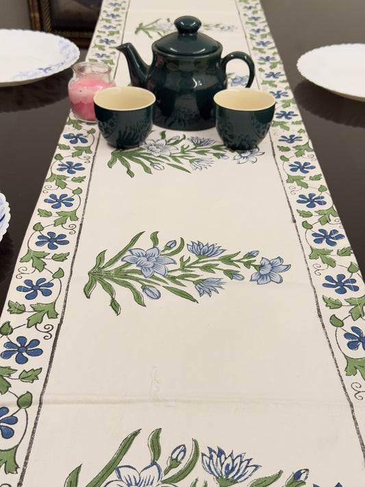 Garden White Pure Cotton Rajasthani Handblock Table Runner