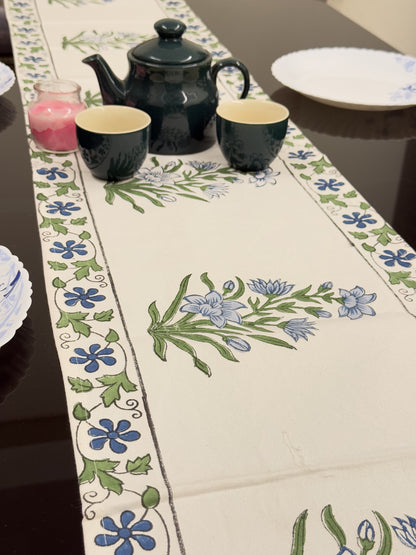 Garden White Pure Cotton Rajasthani Handblock Table Runner