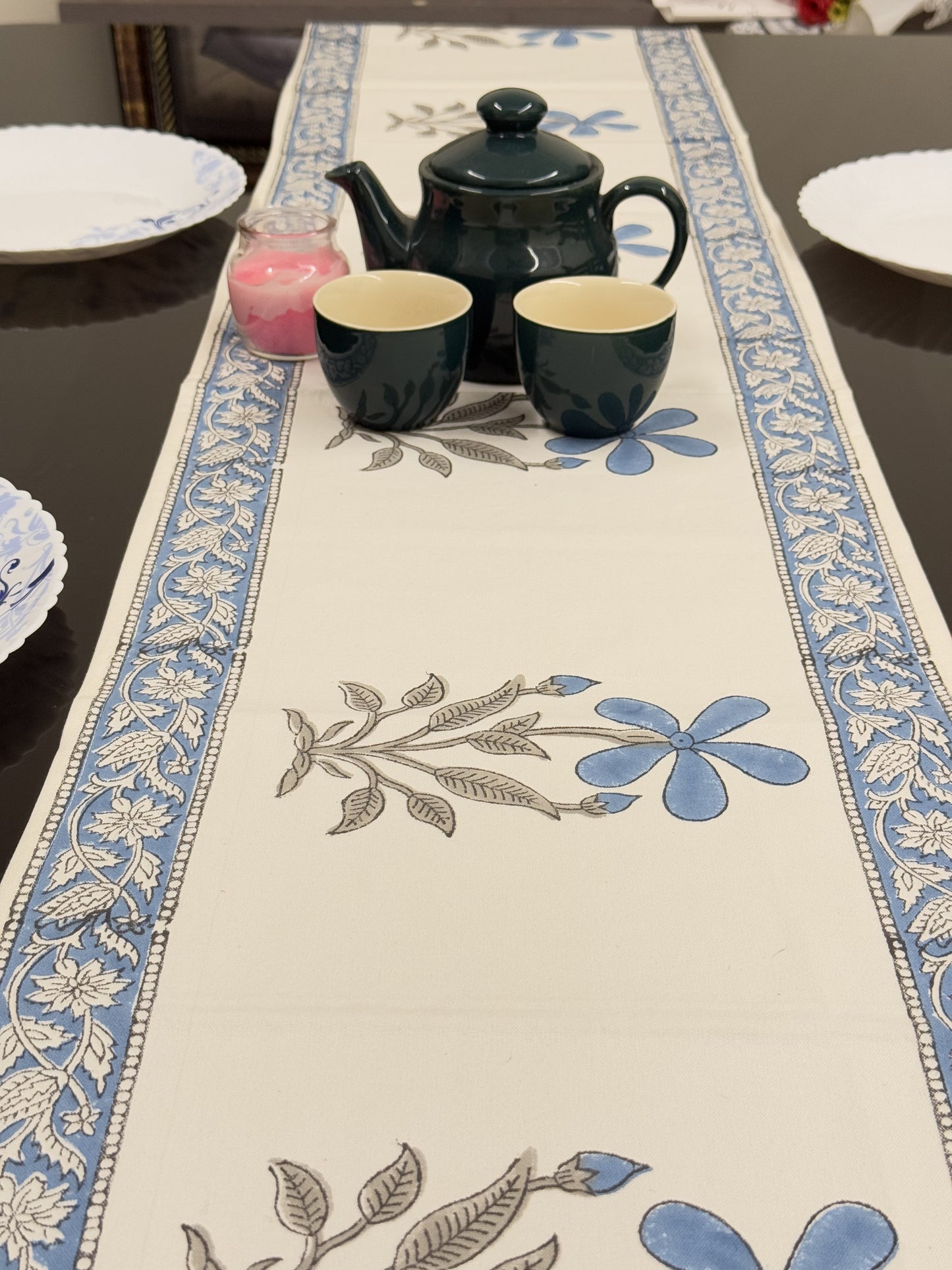 Blue Flower Pure Cotton Rajasthani Handblock Table Runner