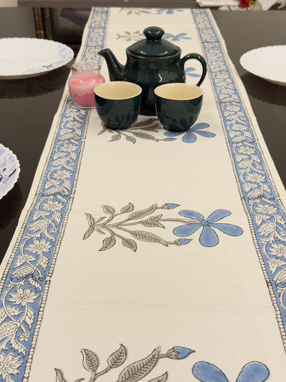 Blue Flower Pure Cotton Rajasthani Handblock Table Runner